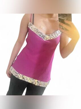 SilkLand Pink & Silver Sequin Silk Camisole Tank Top Mcbling Y2K